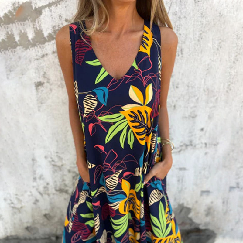 💕2025 HOT SALE 50% OFF 💕 Women's Leaves Pattern V-Neck Sleeveless Floor-Length Dress