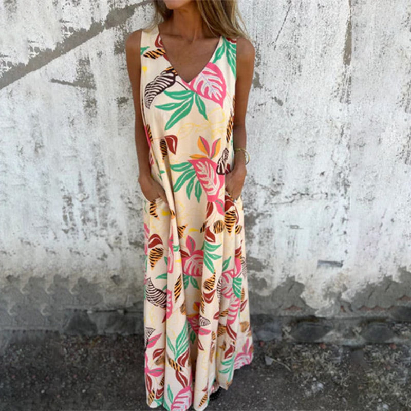 💕2025 HOT SALE 50% OFF 💕 Women's Leaves Pattern V-Neck Sleeveless Floor-Length Dress