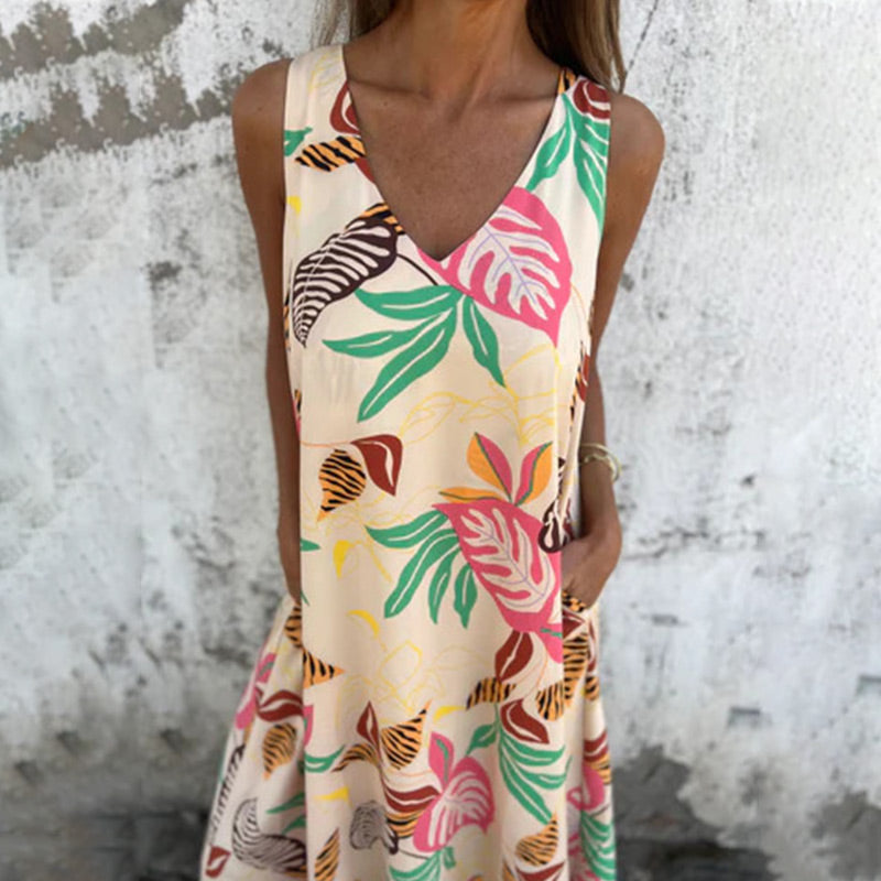 💕2025 HOT SALE 50% OFF 💕 Women's Leaves Pattern V-Neck Sleeveless Floor-Length Dress