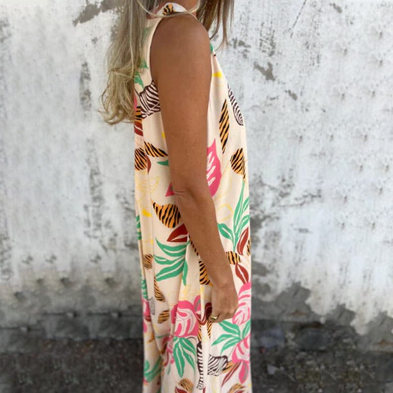 💕2025 HOT SALE 50% OFF 💕 Women's Leaves Pattern V-Neck Sleeveless Floor-Length Dress