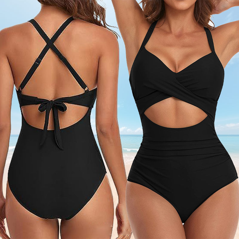 👙Women's Solid Ribbed Cutout-Front Shaping Swimsuit👙