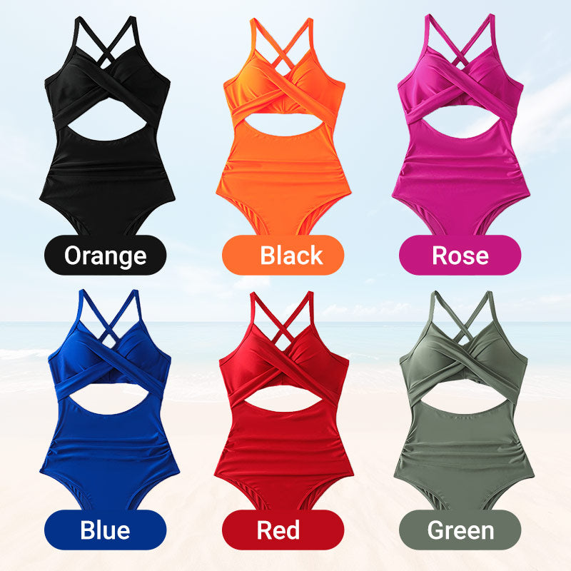 👙Women's Solid Ribbed Cutout-Front Shaping Swimsuit👙