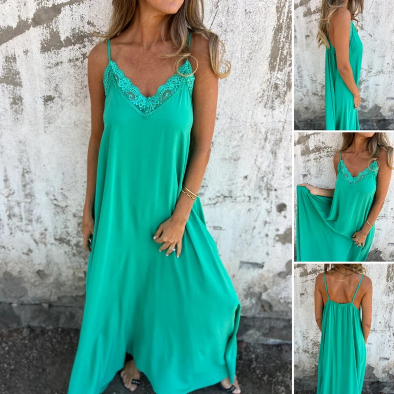 🌸Spring Specials💕 Women's Elegant Lace Trim V-Neck Spaghetti Strap Maxi Dress