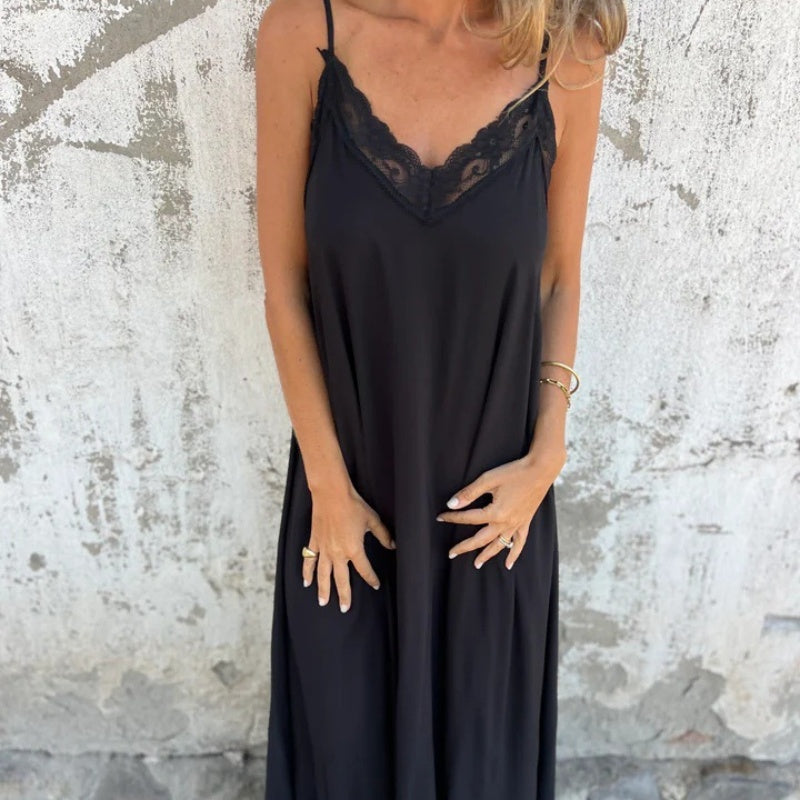 🌸Spring Specials💕 Women's Elegant Lace Trim V-Neck Spaghetti Strap Maxi Dress