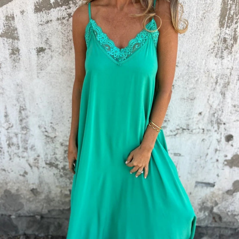 🌸Spring Specials💕 Women's Elegant Lace Trim V-Neck Spaghetti Strap Maxi Dress