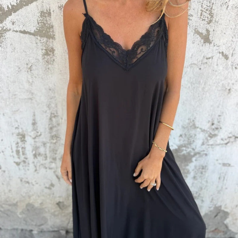 🌸Spring Specials💕 Women's Elegant Lace Trim V-Neck Spaghetti Strap Maxi Dress