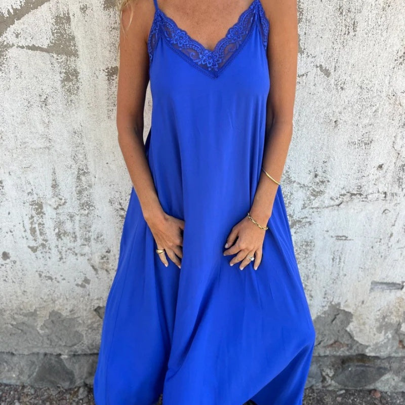 🌸Spring Specials💕 Women's Elegant Lace Trim V-Neck Spaghetti Strap Maxi Dress