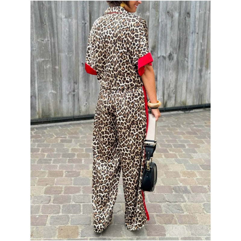 🌸Spring Hot Sale 50% OFF💐Leopard Print Color Block Short Sleeve Loose Shirt and Elastic Waist Pocket Pants Set