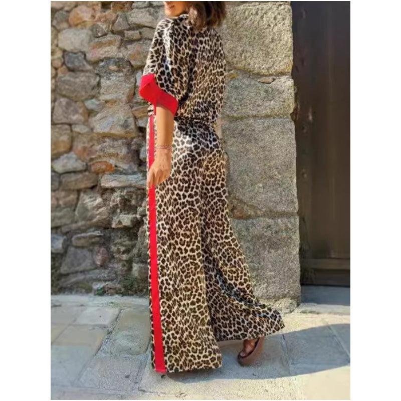 🌸Spring Hot Sale 50% OFF💐Leopard Print Color Block Short Sleeve Loose Shirt and Elastic Waist Pocket Pants Set