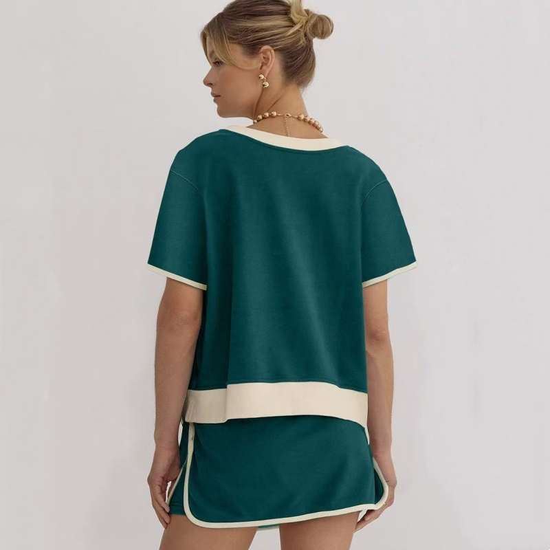 ✨50% OFF！ Effortlessly rejuvenated girly 💖 color-blocked short-sleeved top + shorts set (women's). 👗
