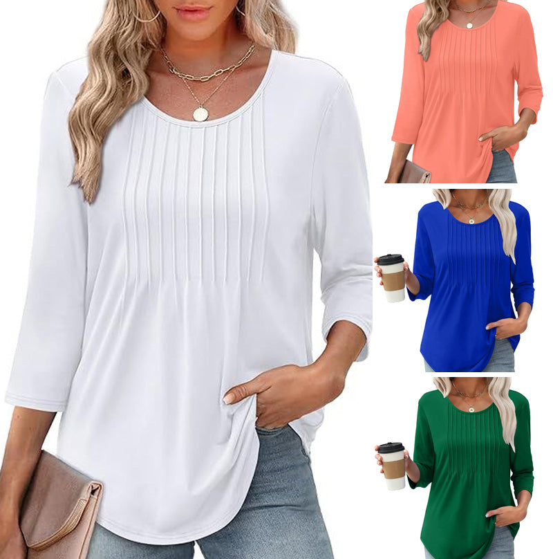 💥2025 NEW TYPE 50% OFF💥Ruffled Round Neck Loose Fit Thin T-Shirt🎉