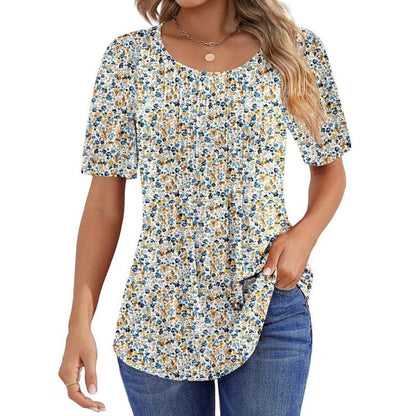 🔥2025 HOT SALE 50% OFF🔥 Round Neck Pleated Short Sleeve Printed T-Shirt