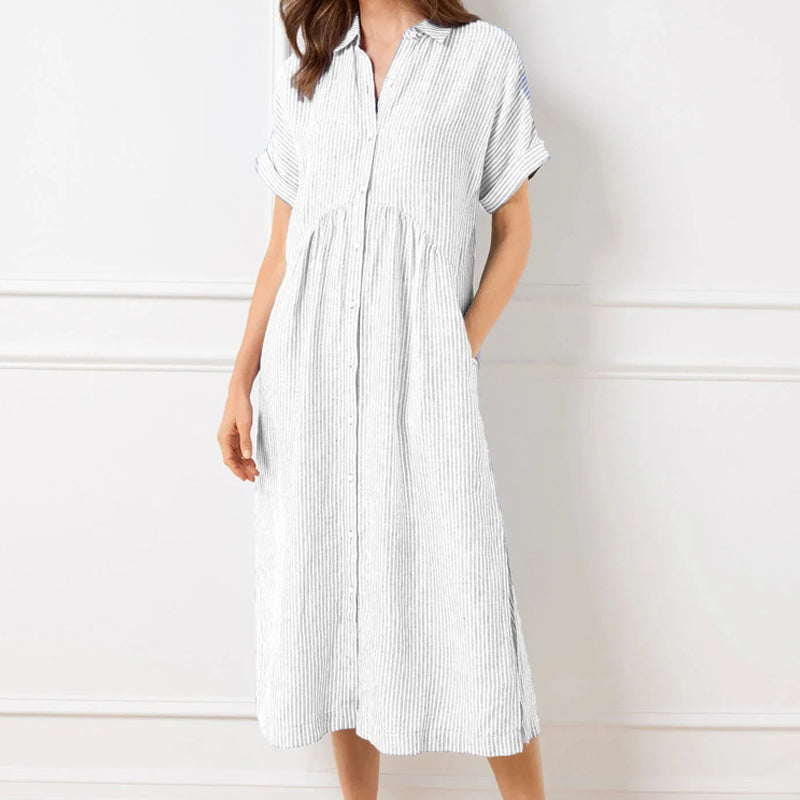 🔥LAST DAY SALE 50% OFF🔥Striped Lapel Button Down Shirt Dress | With Functional Pockets