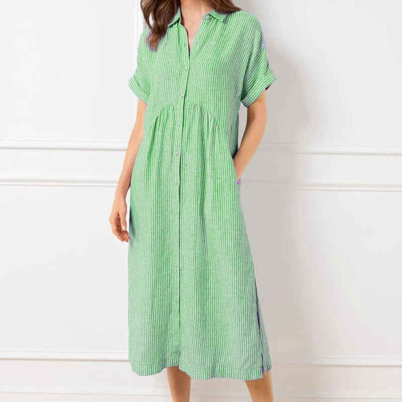 🔥LAST DAY SALE 50% OFF🔥Striped Lapel Button Down Shirt Dress | With Functional Pockets