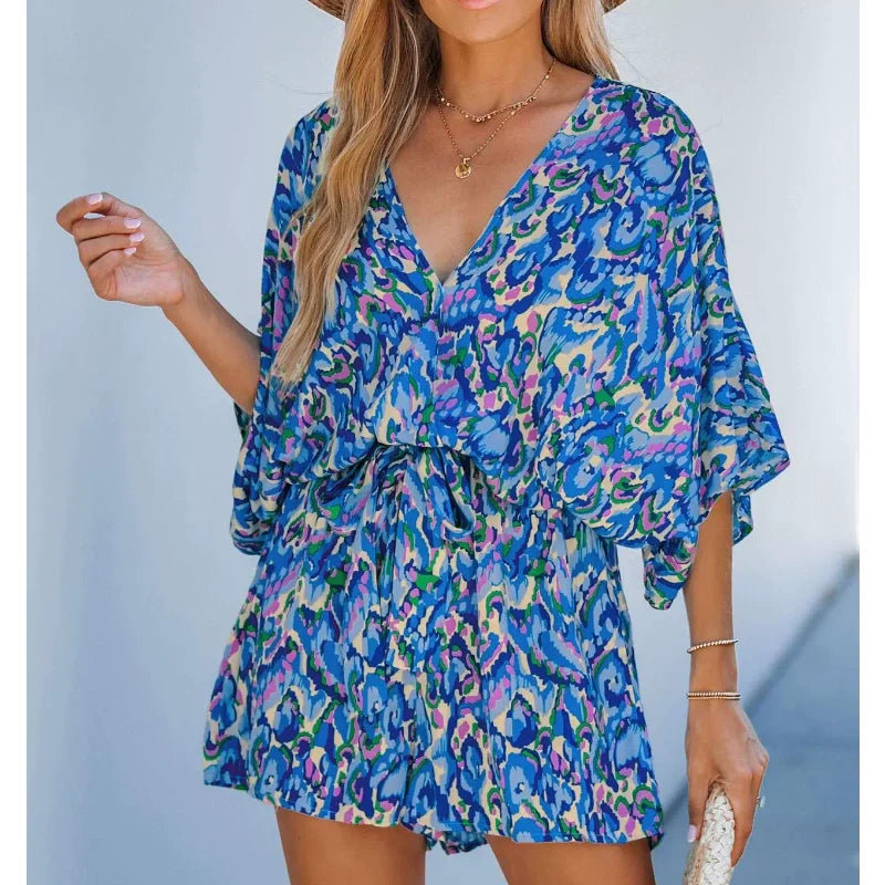 Women's Summer Casual V-Neck Printed Jumpsuit with Waist Tie and Dolman Sleeves