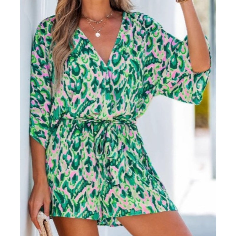 Women's Summer Casual V-Neck Printed Jumpsuit with Waist Tie and Dolman Sleeves