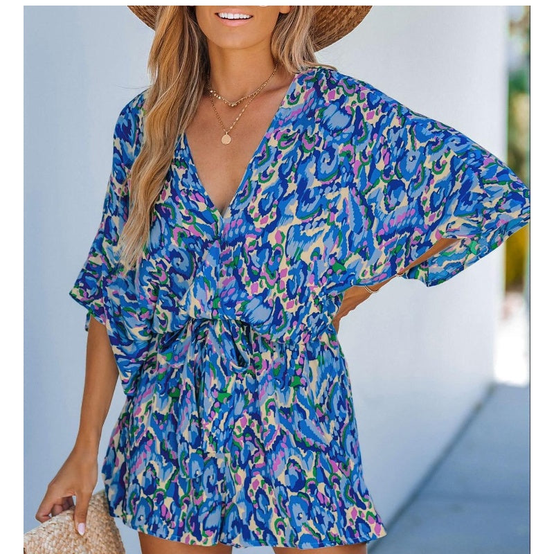 Women's Summer Casual V-Neck Printed Jumpsuit with Waist Tie and Dolman Sleeves