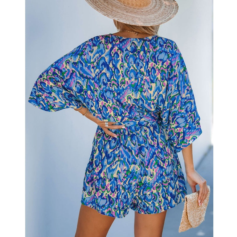 Women's Summer Casual V-Neck Printed Jumpsuit with Waist Tie and Dolman Sleeves