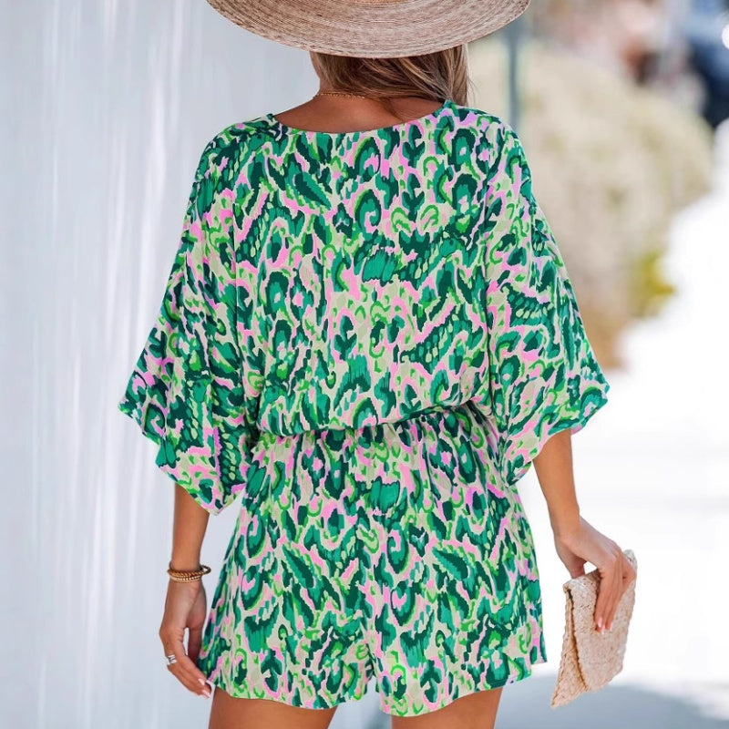 Women's Summer Casual V-Neck Printed Jumpsuit with Waist Tie and Dolman Sleeves