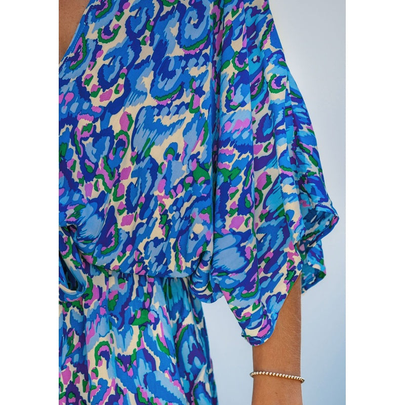 Women's Summer Casual V-Neck Printed Jumpsuit with Waist Tie and Dolman Sleeves