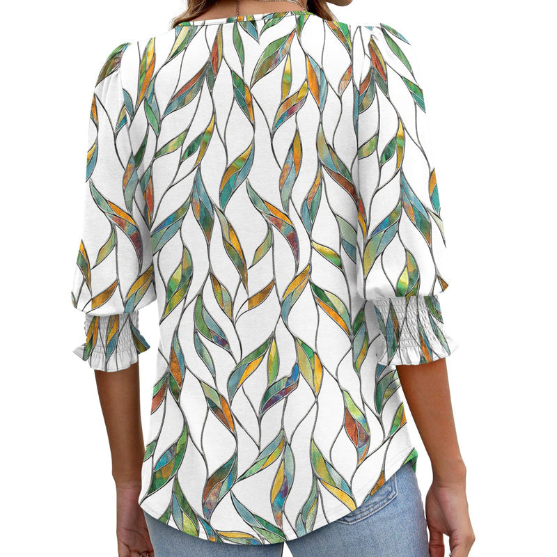 🌞Summer Hot Sale 49% OFF -Women Dressy Casual 3/4 Length Sleeve Blouses with Smocked Cuffs