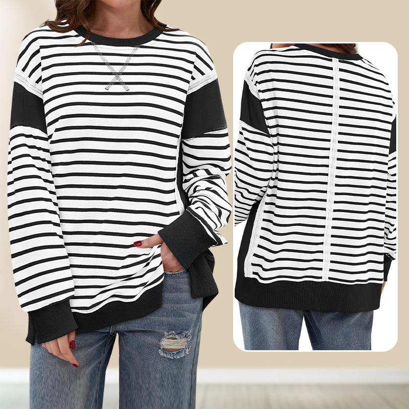 💥Early Autumn Sale 50% OFF💥Stylish Round Neck Striped Colorblocking Tops