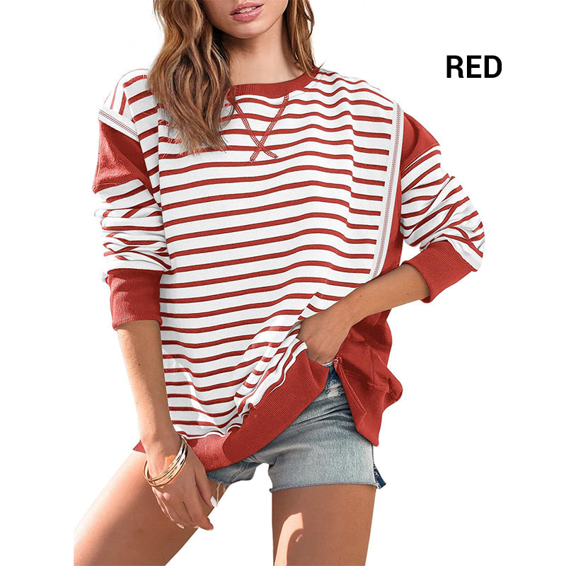 💥Early Autumn Sale 50% OFF💥Stylish Round Neck Striped Colorblocking Tops