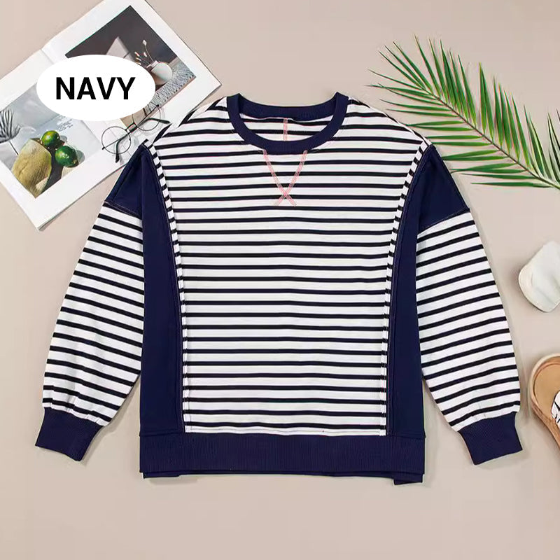 💥Early Autumn Sale 50% OFF💥Stylish Round Neck Striped Colorblocking Tops
