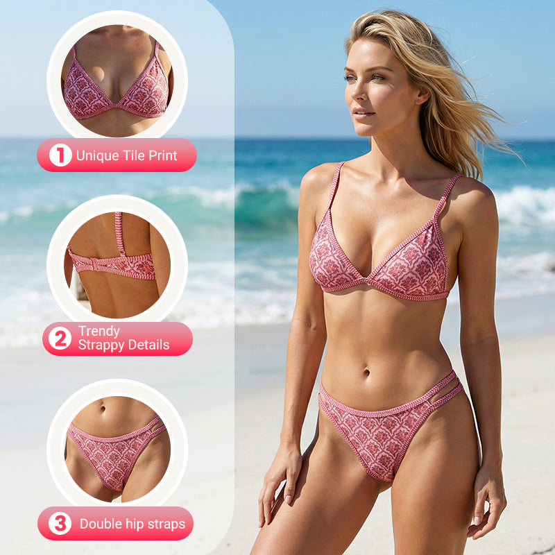 🏖️Vacation Hot Sale 49% OFF💃Boho Tile Print Backless Bikini Swimwear