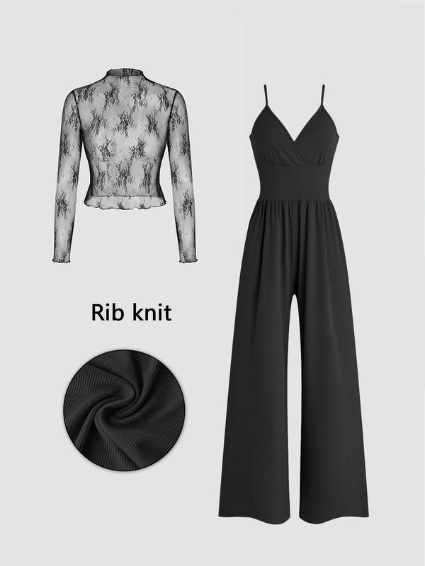 👍 Last day: 50% OFF😻 Two-piece set for women: lace top and jumpsuit with pockets
