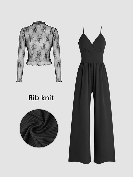 👍 Last day: 50% OFF😻 Two-piece set for women: lace top and jumpsuit with pockets