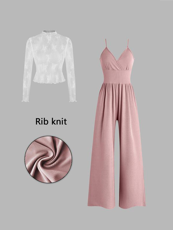👍 Last day: 50% OFF😻 Two-piece set for women: lace top and jumpsuit with pockets
