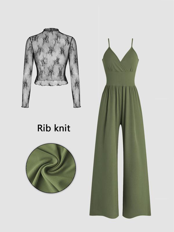 👍 Last day: 50% OFF😻 Two-piece set for women: lace top and jumpsuit with pockets