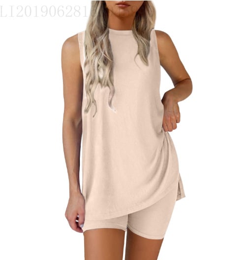 🟣Summer Hot Sale 49% OFF🧊Sleeveless Crewneck Women's 2 Piece Sets Summer Matching Lounge Shorts Set Resort Airport Travel Outfit Split Hem Casual Clothes