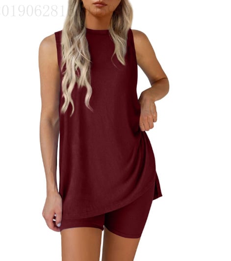 🟣Summer Hot Sale 49% OFF🧊Sleeveless Crewneck Women's 2 Piece Sets Summer Matching Lounge Shorts Set Resort Airport Travel Outfit Split Hem Casual Clothes