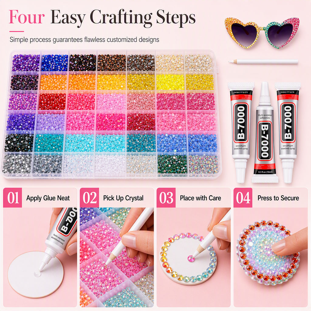 AB Color Jelly Flatback Resin Rhinestones Kit with Storage Organizer Box Glue and Tools for DIY Nail Art Clothes and Phone Case Decoration