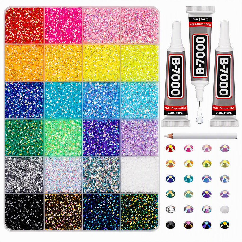 AB Color Jelly Flatback Resin Rhinestones Kit with Storage Organizer Box Glue and Tools for DIY Nail Art Clothes and Phone Case Decoration