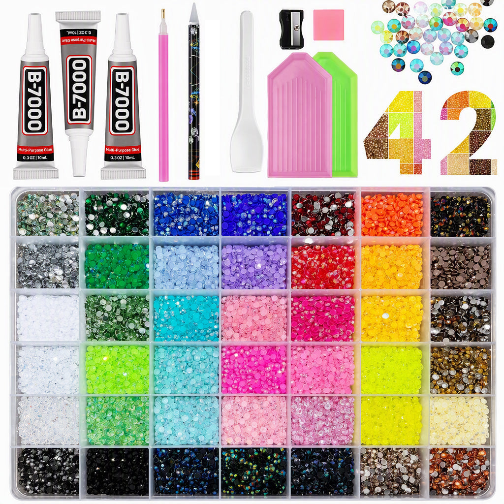 AB Color Jelly Flatback Resin Rhinestones Kit with Storage Organizer Box Glue and Tools for DIY Nail Art Clothes and Phone Case Decoration