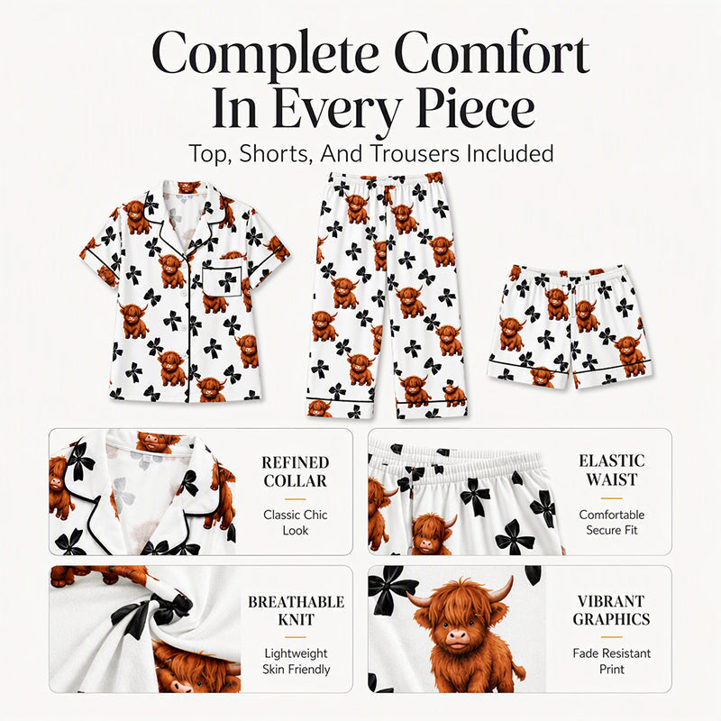 ⏳LAST DAY SALE 70% OFF!!🐮Cute Highland Cow Print, 3-Piece Fun Pajama Set – Cozy Lounge & Sleepwear ✨